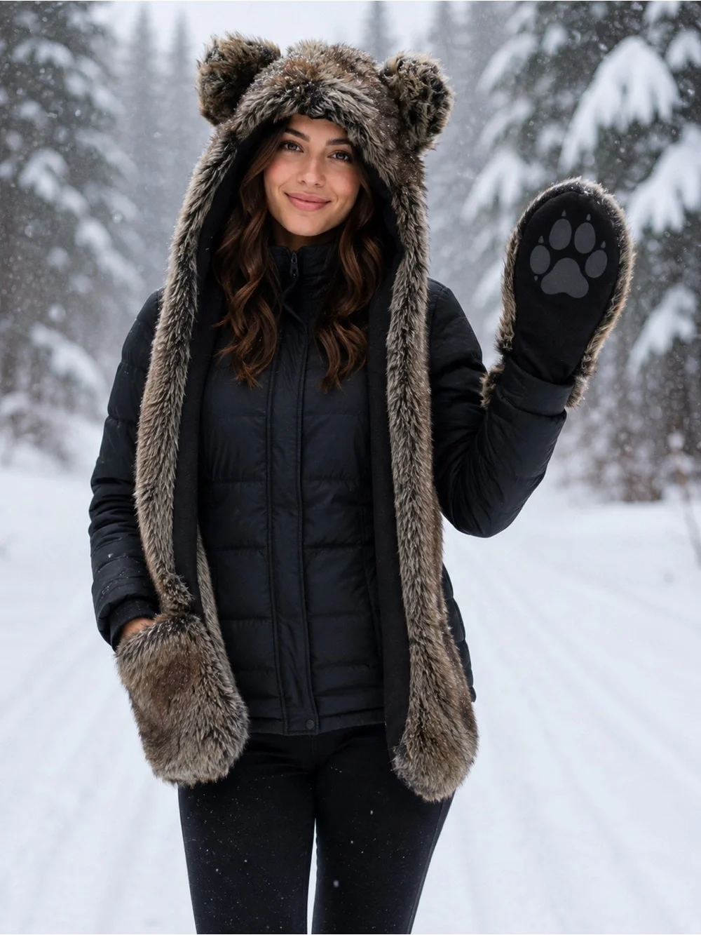 Faux Fur Bear Hood with Mittens - Black and Brown